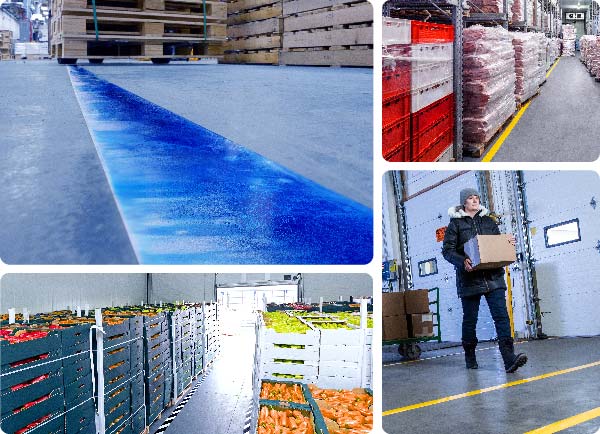 Kolaż obrazów przedstawiających taśmę podłogową ToughStripe Cold.