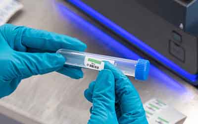 Chemik naklejający etykietę na fiolkę laboratoryjną.