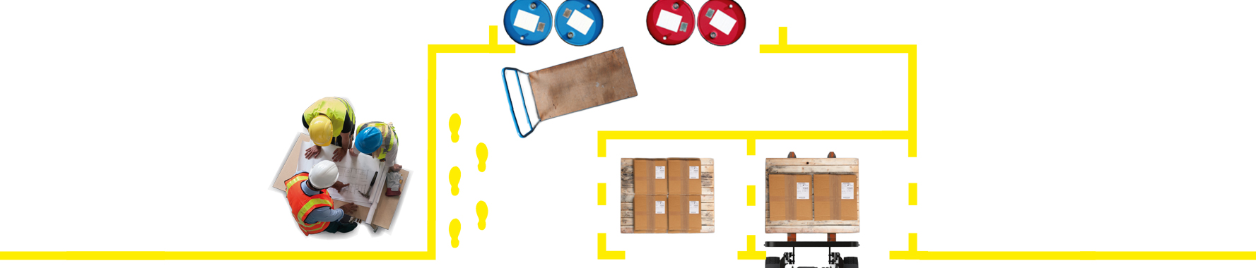 Produkty z serii taśm do oznaczania podłóg ToughStripe. Do wyboru jest kilka kolorów i wzorów.