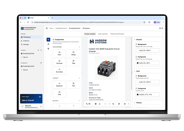Obszar roboczy TwinLead Studio z komponentami typu „przeciągnij i upuść” do projektowania szablonów produktów