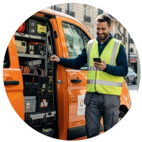 instalator patrzący na telefon z samochodem dostawczym w tle