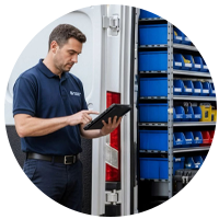 instalator z otwartym samochodem dostawczym w tle