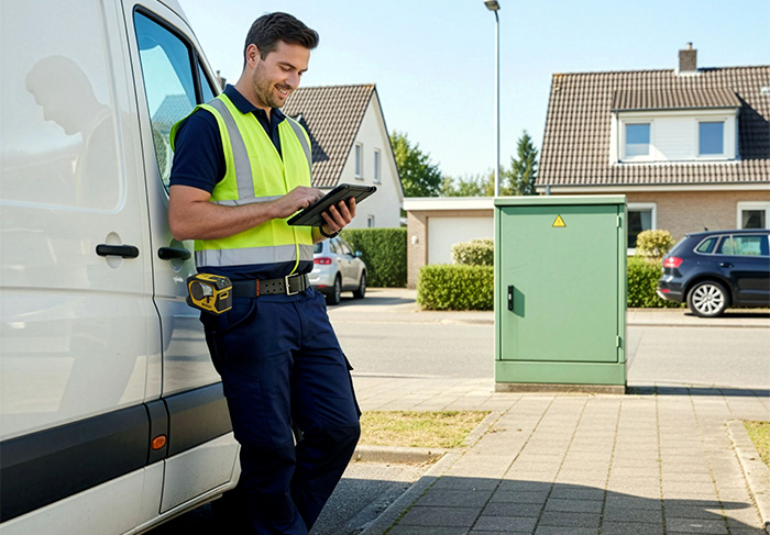 elektryk w pobliżu samochodu dostawczego z rysunkiem telefonu